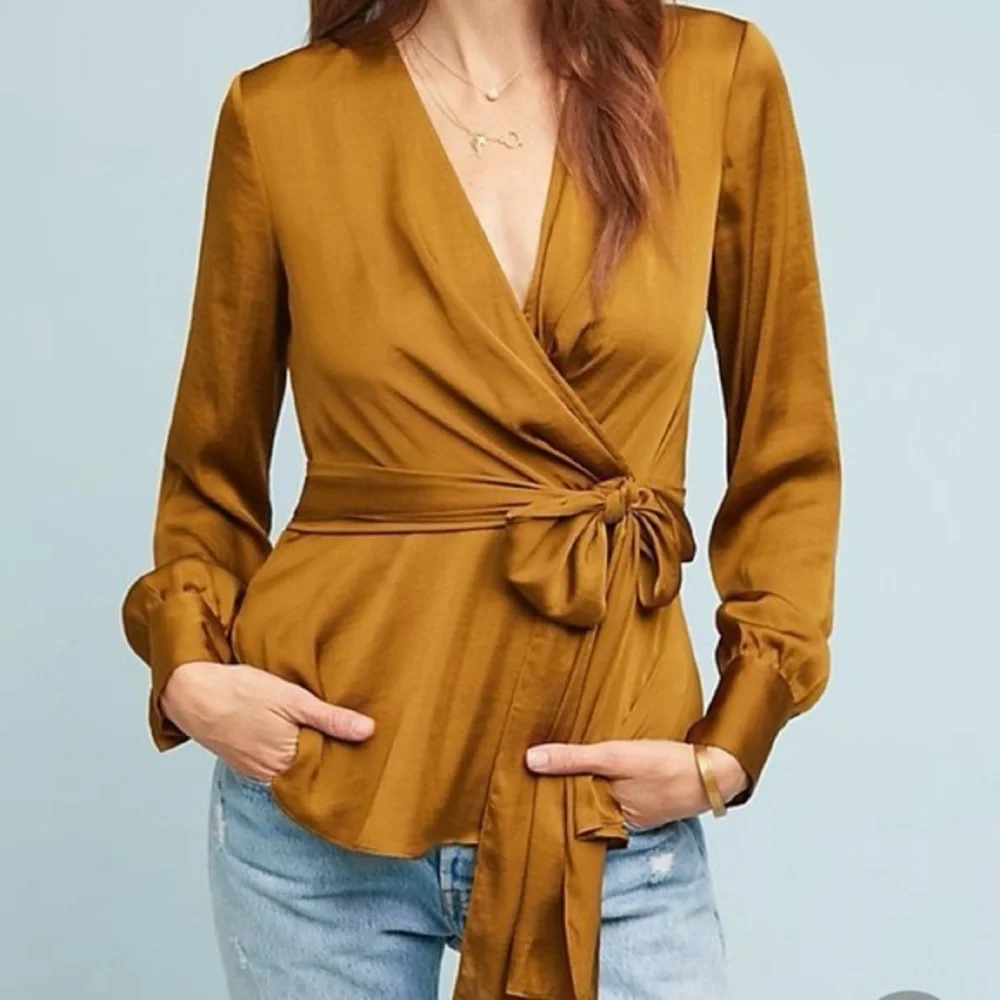 Anthropologie x Moulinette Soeurs Brynn Drapey Satin Faux Wrap Tie‎ Brown Blouse